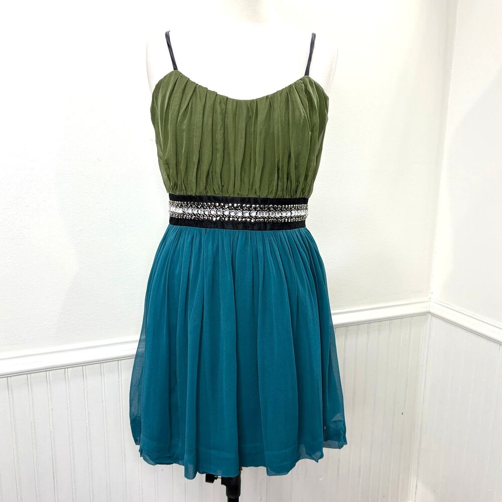 Maria Bianca Nero Size M Dress Vintage Silk Rhinestone Contrast Fit Flare Ruched